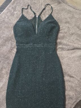 Honey and Rosie Sparkling Dark Green Lace Back Bodycon Dress